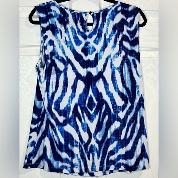 Tahari ASL Blue/Ivory Tie Dye Stretch Jersey Pleated Top - Size Large - Picture 2 of 5